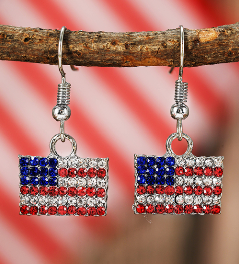 Fiery Red Rhinestone USA Flag Squared Drop Earrings