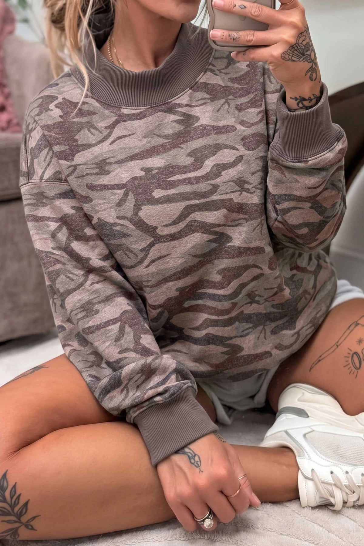 Multicolour Camouflage Print Mock Neck Casual Pullover Sweatshirt