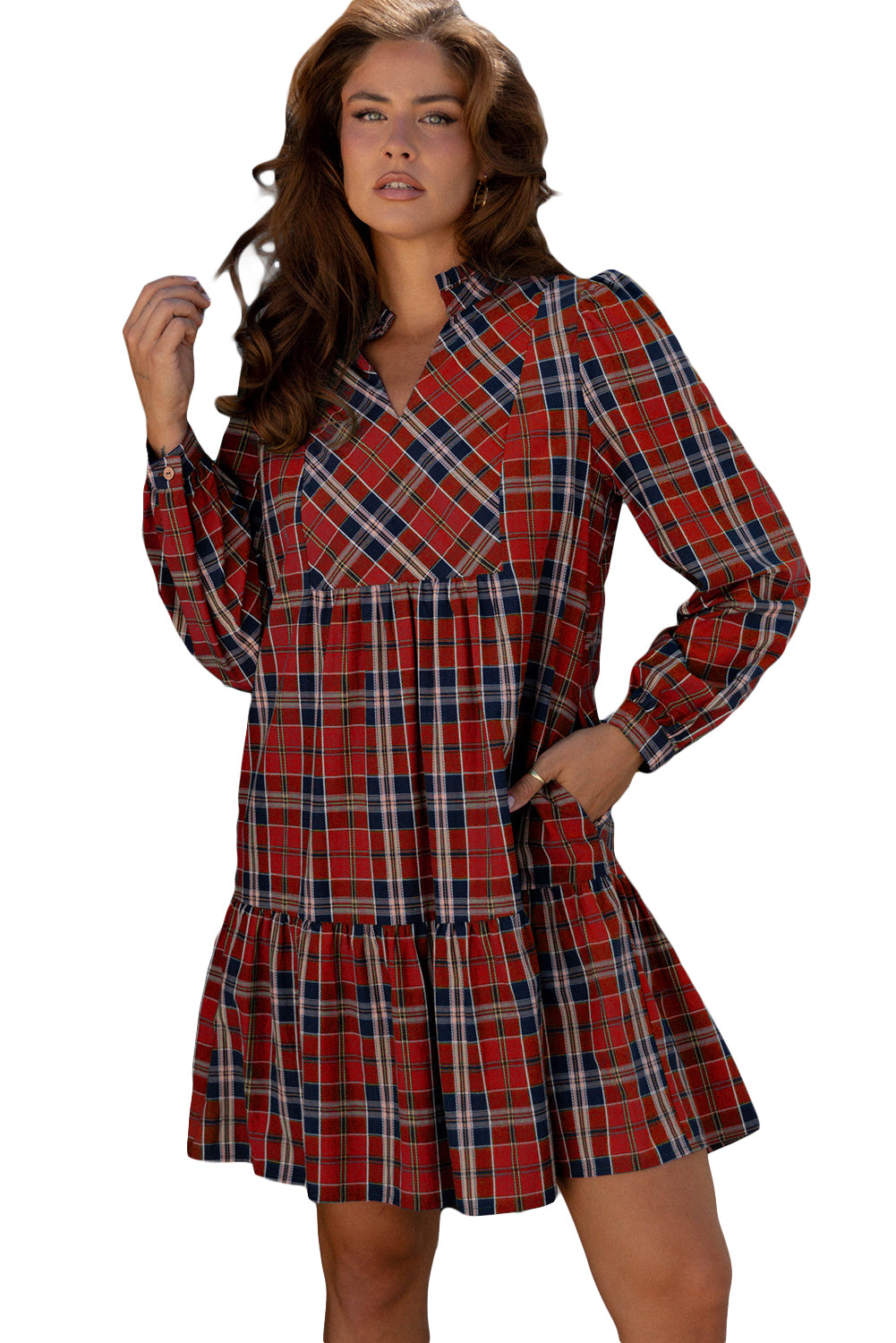Green Plaid Print Frilly Collar Long Sleeve Shift Mini Dress