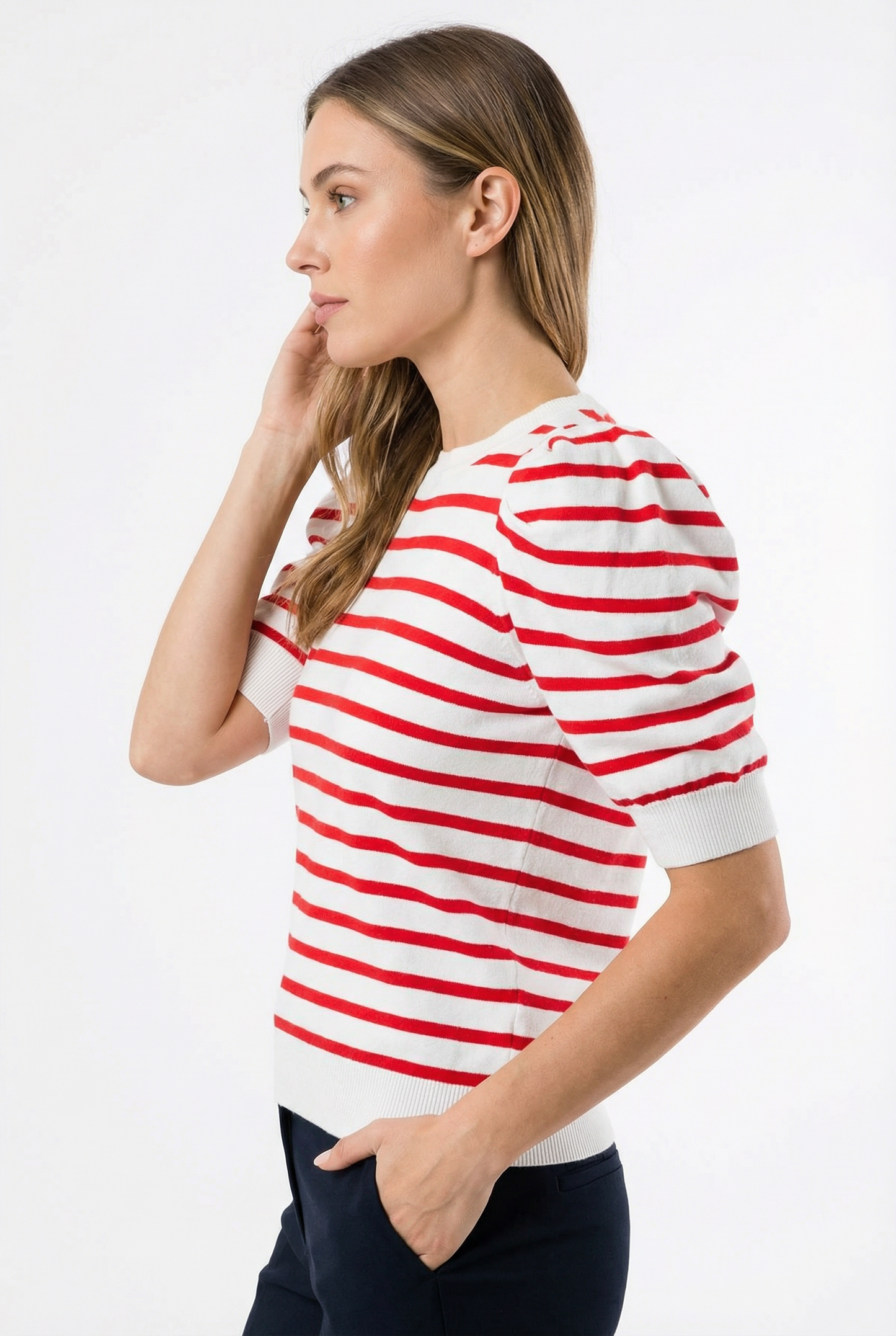Striped Puff Sleeve Crew Neck Knit Sweater Top