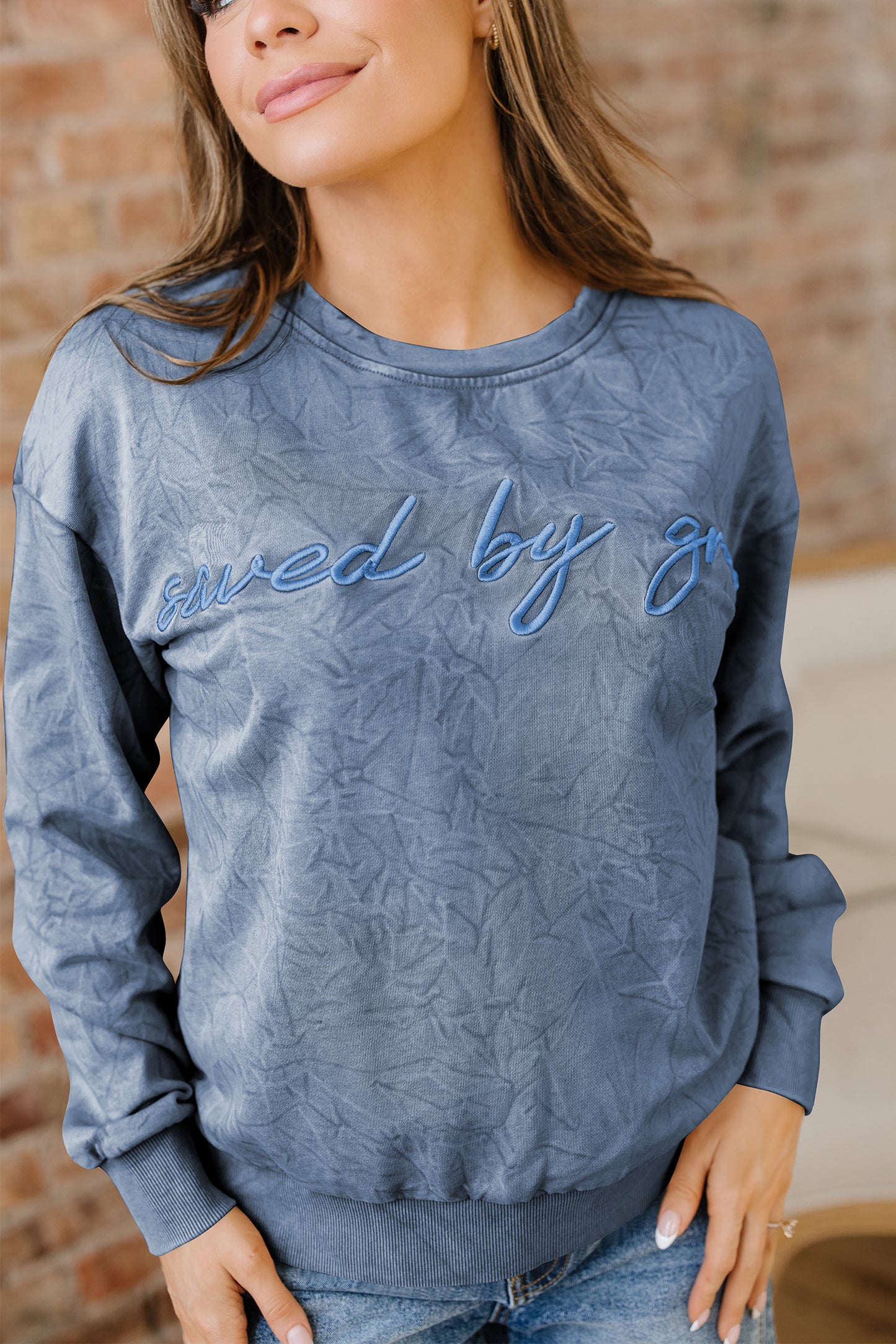 Saved by grace Letter Embroidery Mineral Wash Loose Sweatshirt