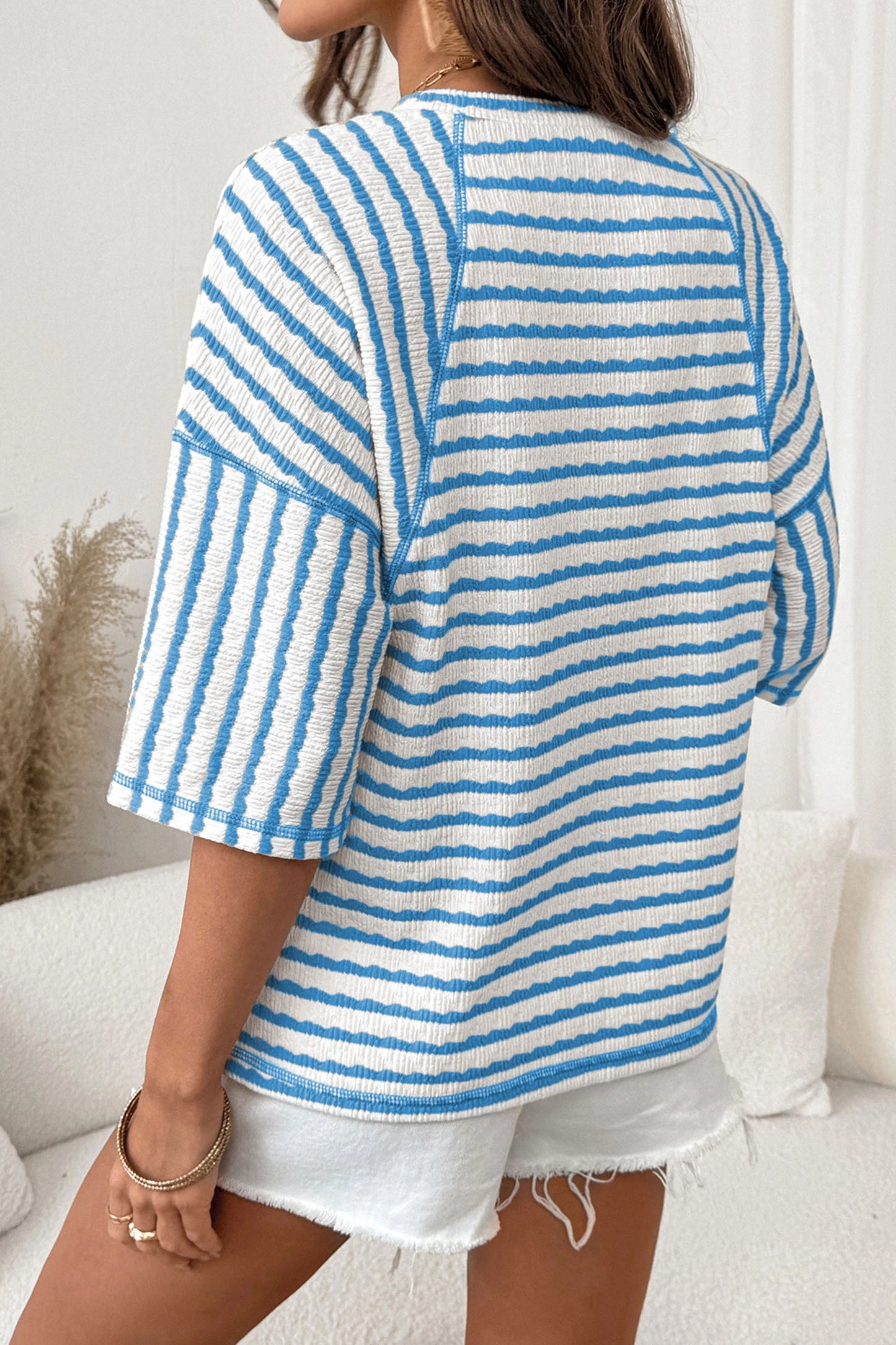 Apricot Stripe Textured Knit Split Hem Half Sleeve Loose Top
