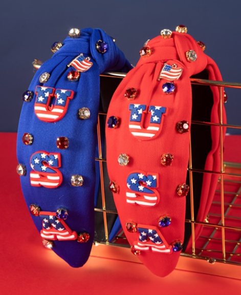 Dark Blue USA Flag Gemstone Decor Knotted Wide Headband