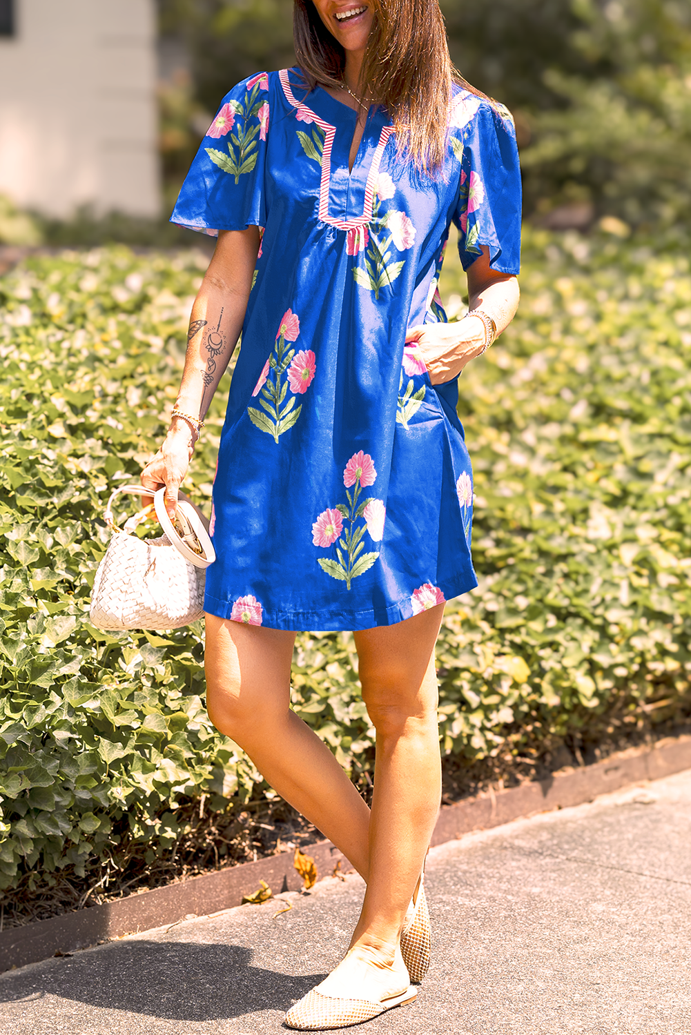 Apricot Floral Short Sleeve Split Neck Loose Mini Dress