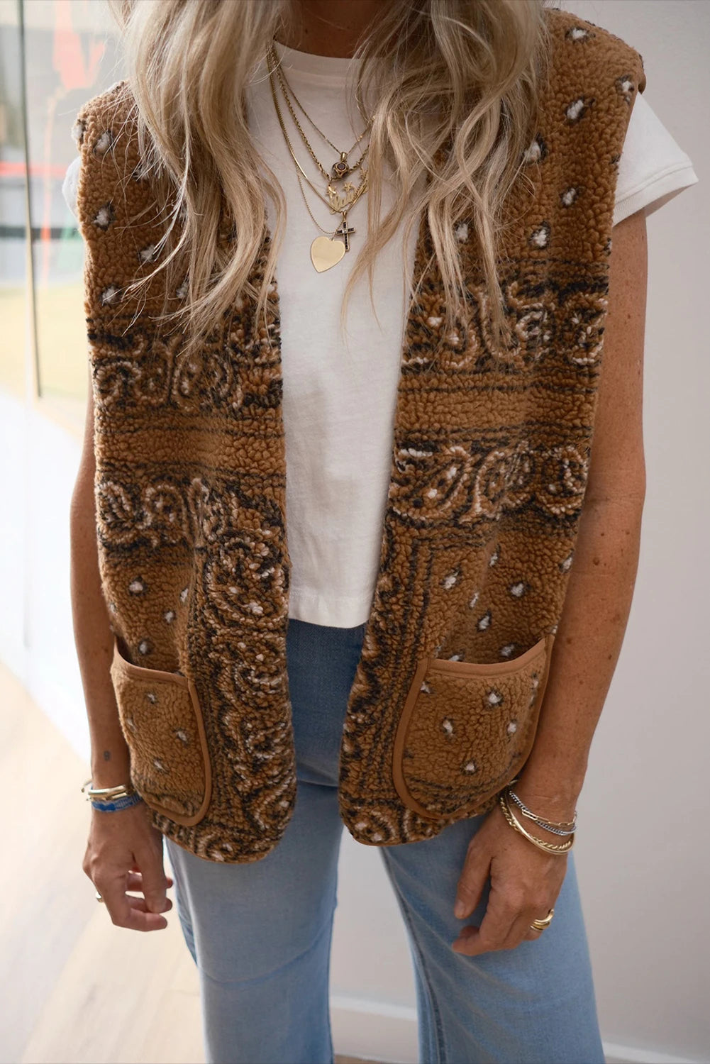 Beige Sherpa Paisley Print Pocketed Western Fashion Vest Jacket