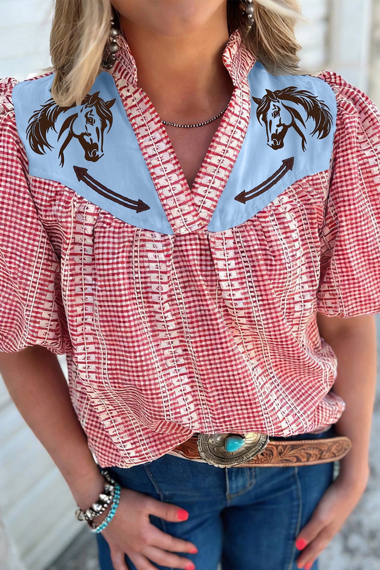 Brown Western Pony Embroidered Yoke Puff Sleeve Gingham Blouse