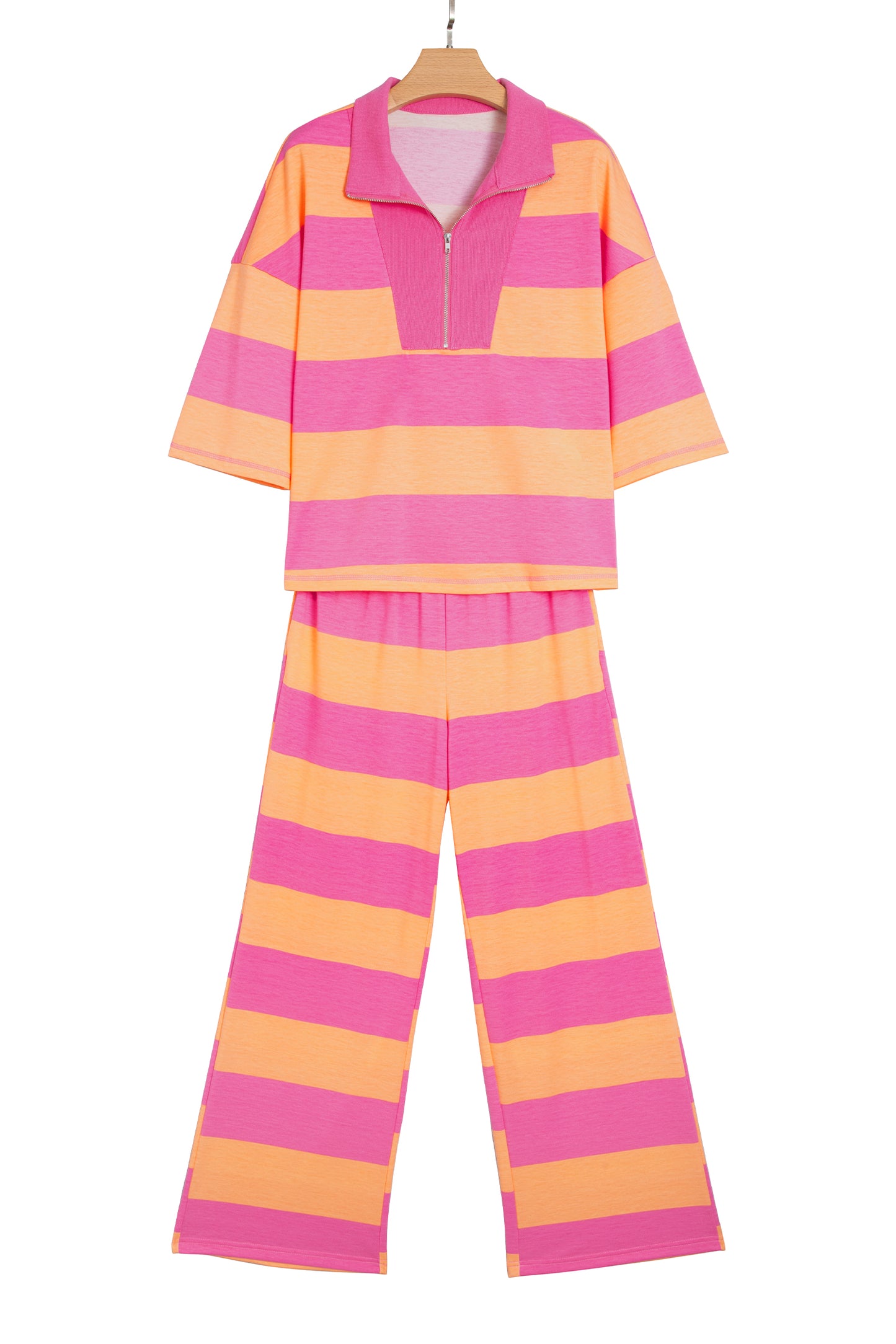 Orange Stripe Colorblock Half Sleeve Top Casual Loose Pants 2pcs Set