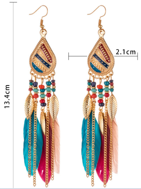 Red Bohemian Feathered Beaded Tassel Hook Earrings
