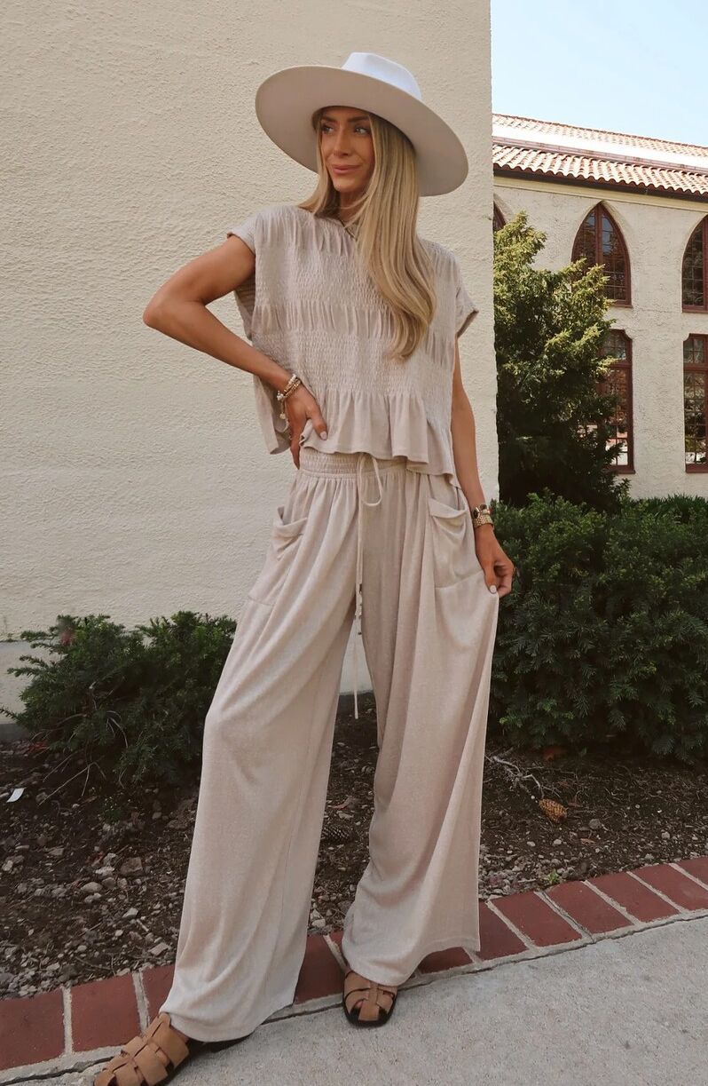 Summer Smocked Ruffle Top Wide Leg Pants Set