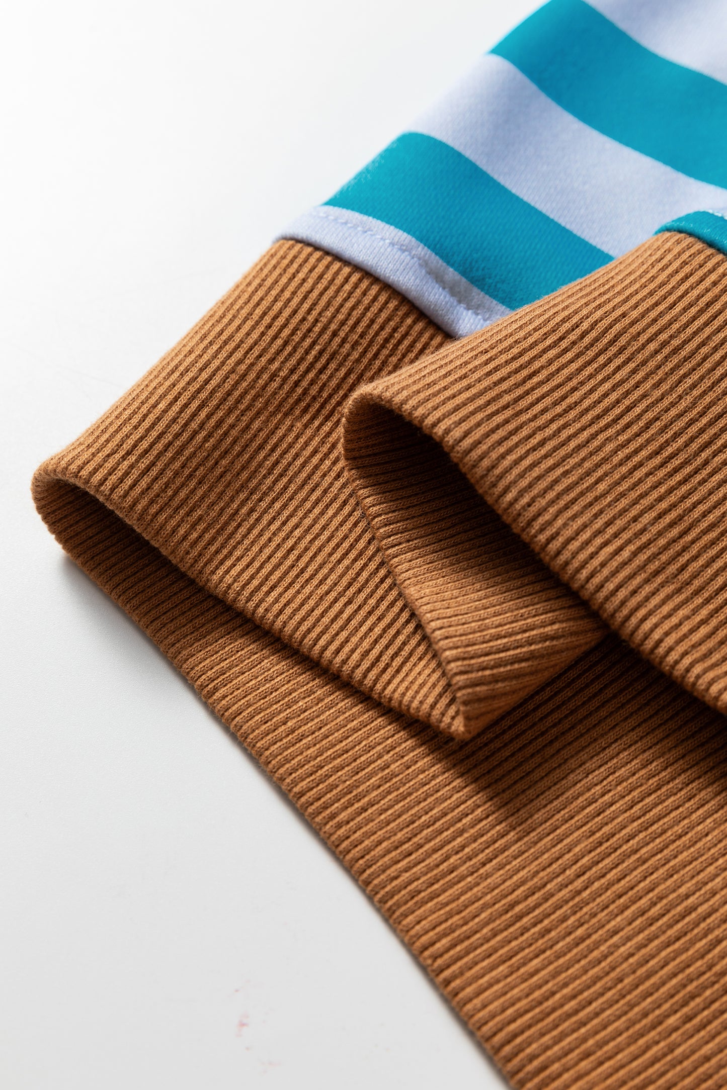 Sky Blue Stripe Contrast Color Ribbed Trim Round Neck Drop Shoulder Sweatshirt