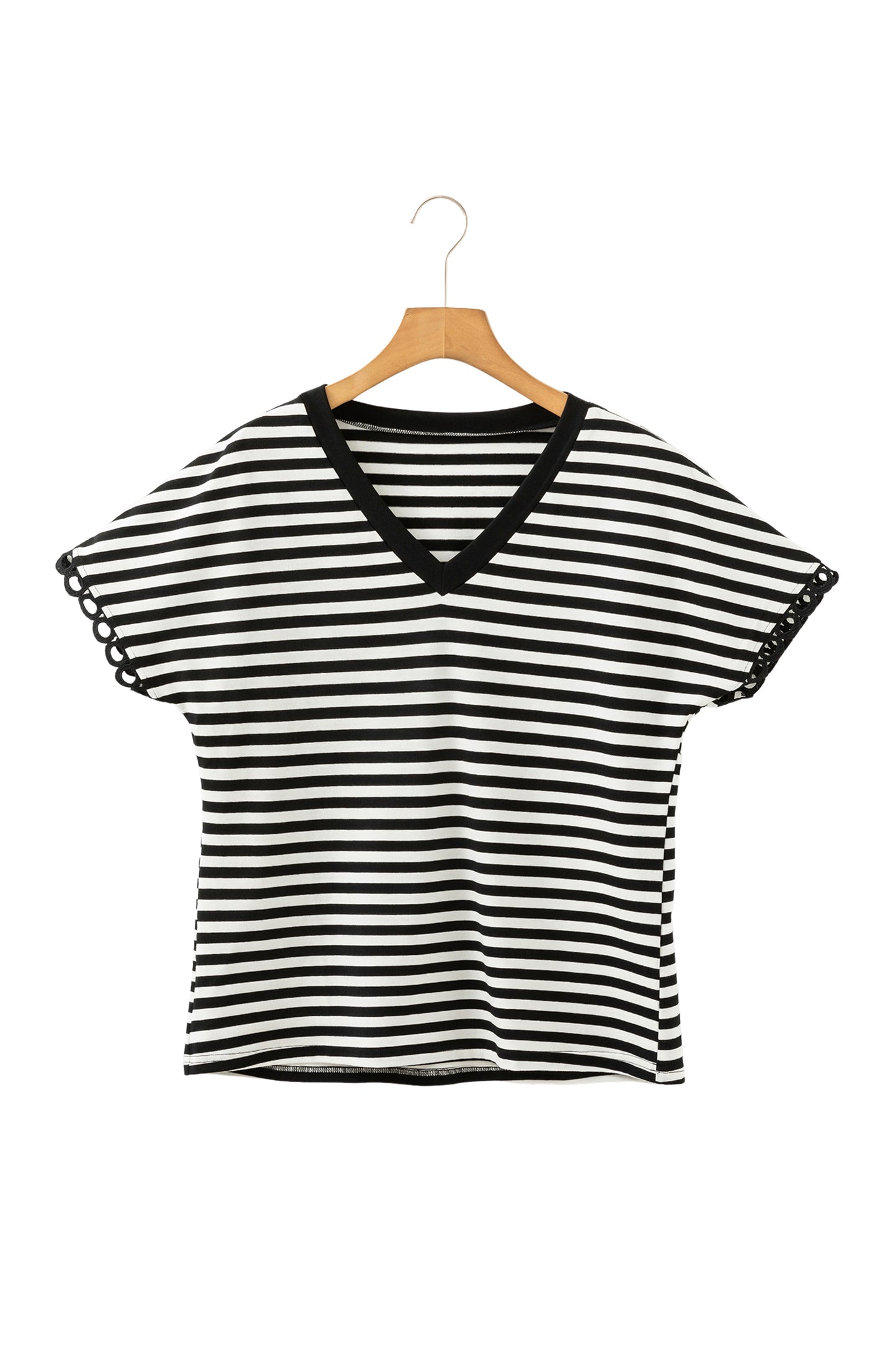 Black Striped Print V Neck Delicate Trim Casual Tee