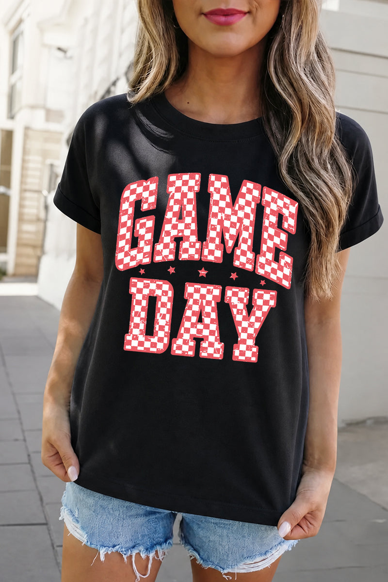 Checkered Game Day Graphic Tee Women Sport Football Shirt
