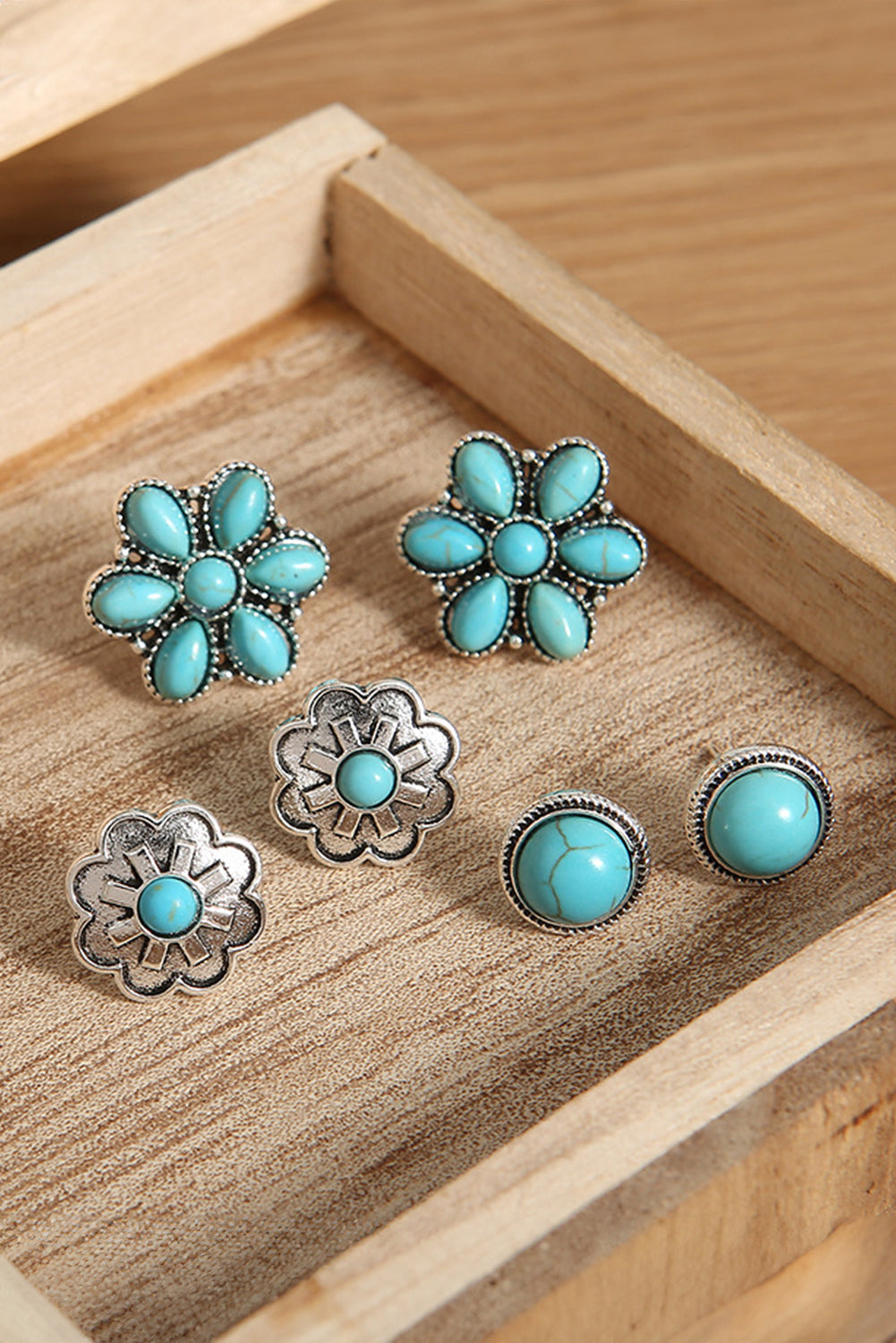 3 Pairs Western Turquoise Stud Earrings