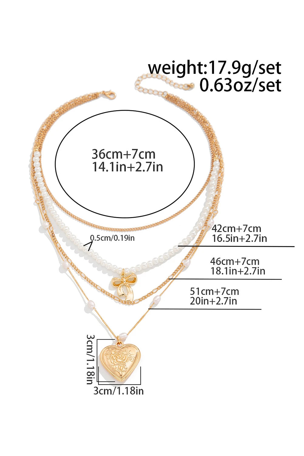 Gold Plated Bow Heart Pendant Pearl Beading Multilayer Necklace