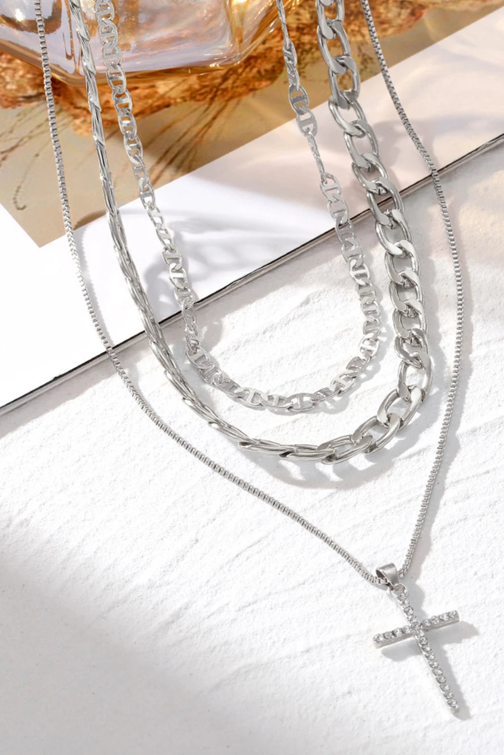 Gold Plated Cross Pendant Multi Layer Stacked Chains Necklace