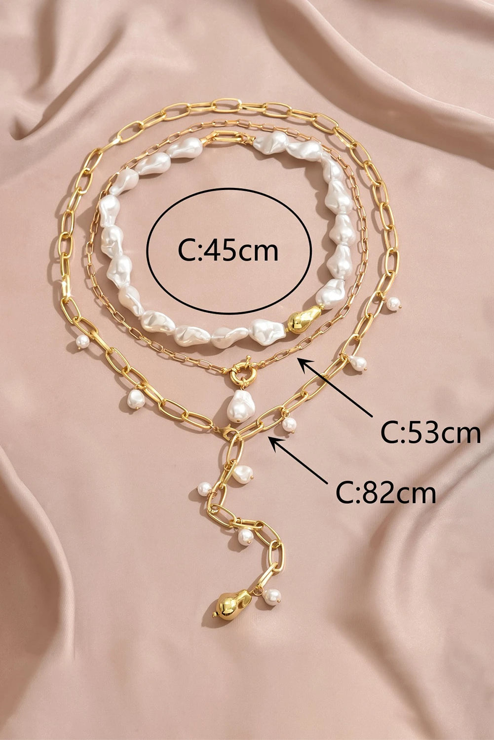Gold Alloy Plated Chain Baroque Pearl 3pcs Layered Necklace Set
