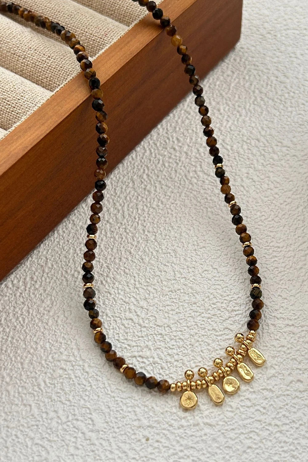 Gold Plated Detail Retro Tiger Eye Beaded Necklace