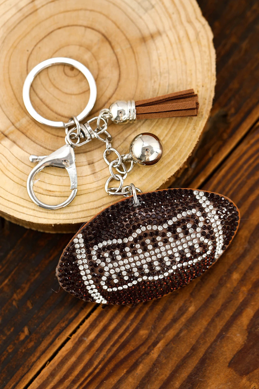 Coffee Rhinestoned Rugby Football Pendant Tassel Key Chain