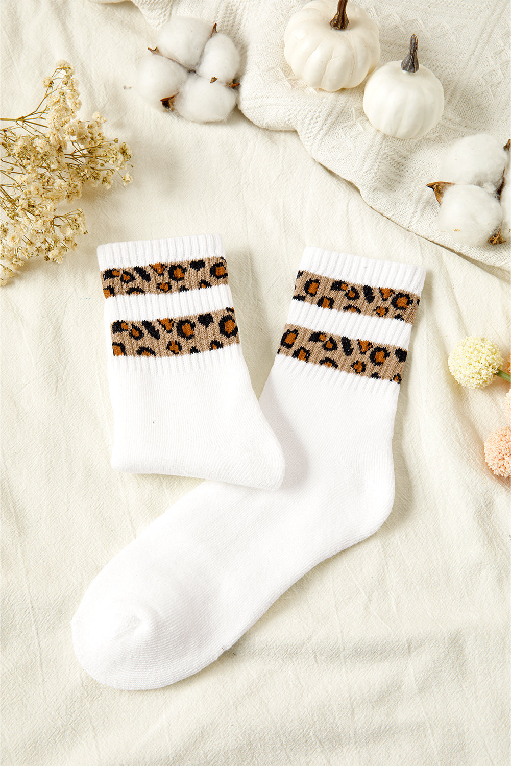 White Leopard Striped Detail Ribbed Cuffs Womens Socks