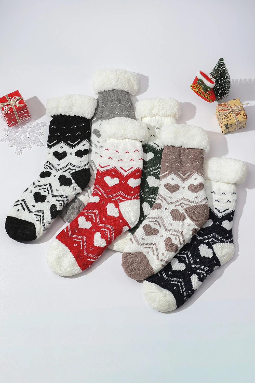 Fiery Red Geometric Heart Pattern Knit Fuzzy Cuff Christmas Knee High Socks