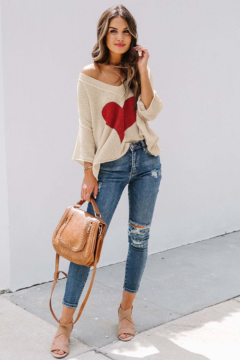 Beige V-neck Dropped Sleeve Heart Print Slouchy Shift Sweaters