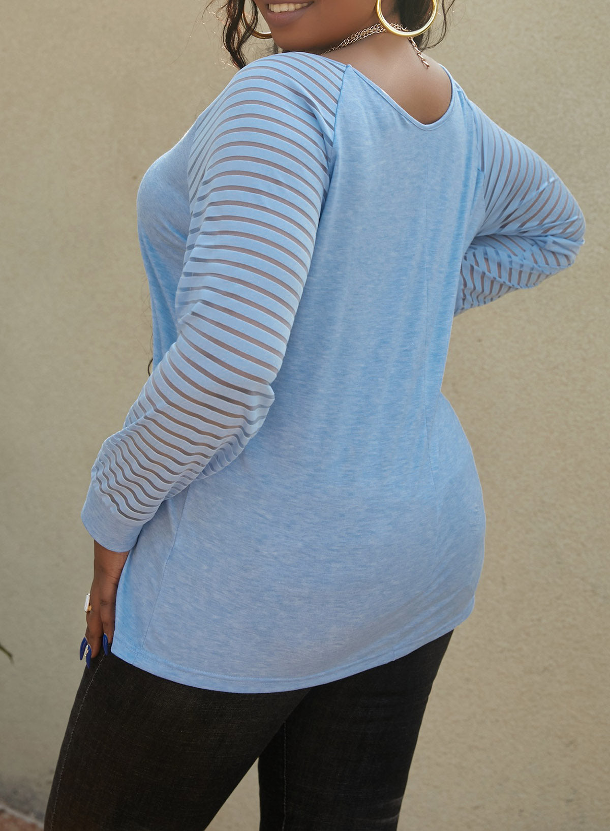 Blue Striped Cut-out Long Sleeve T Shirt