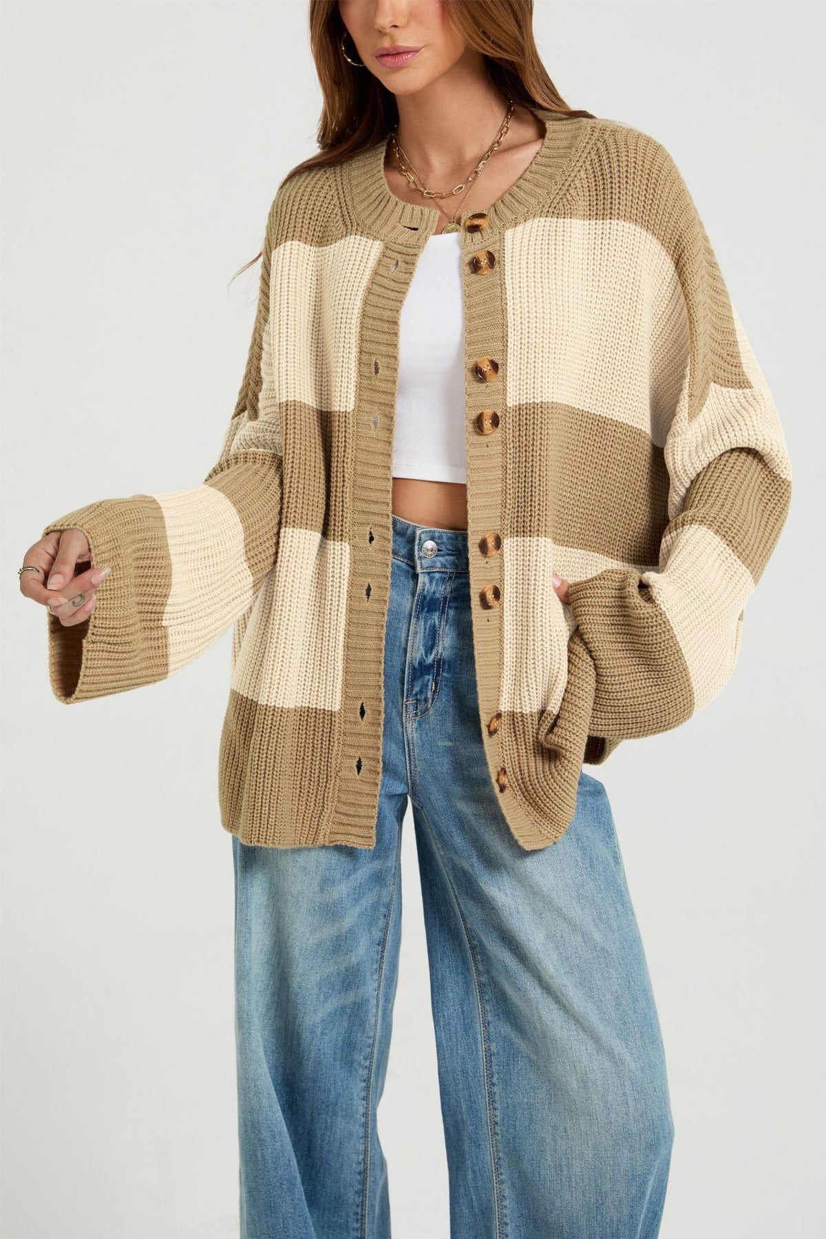Oversized Color Block Chunky Knit Cardigan Sweater