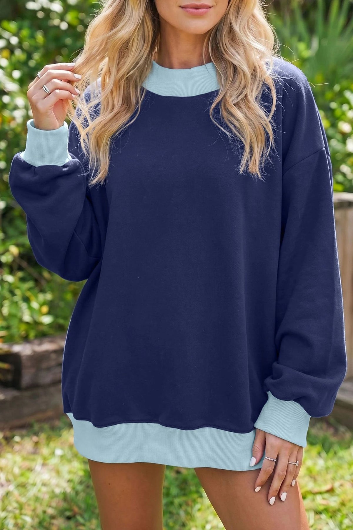 Women's Oversized Color Block Mock Neck Sweatshirt