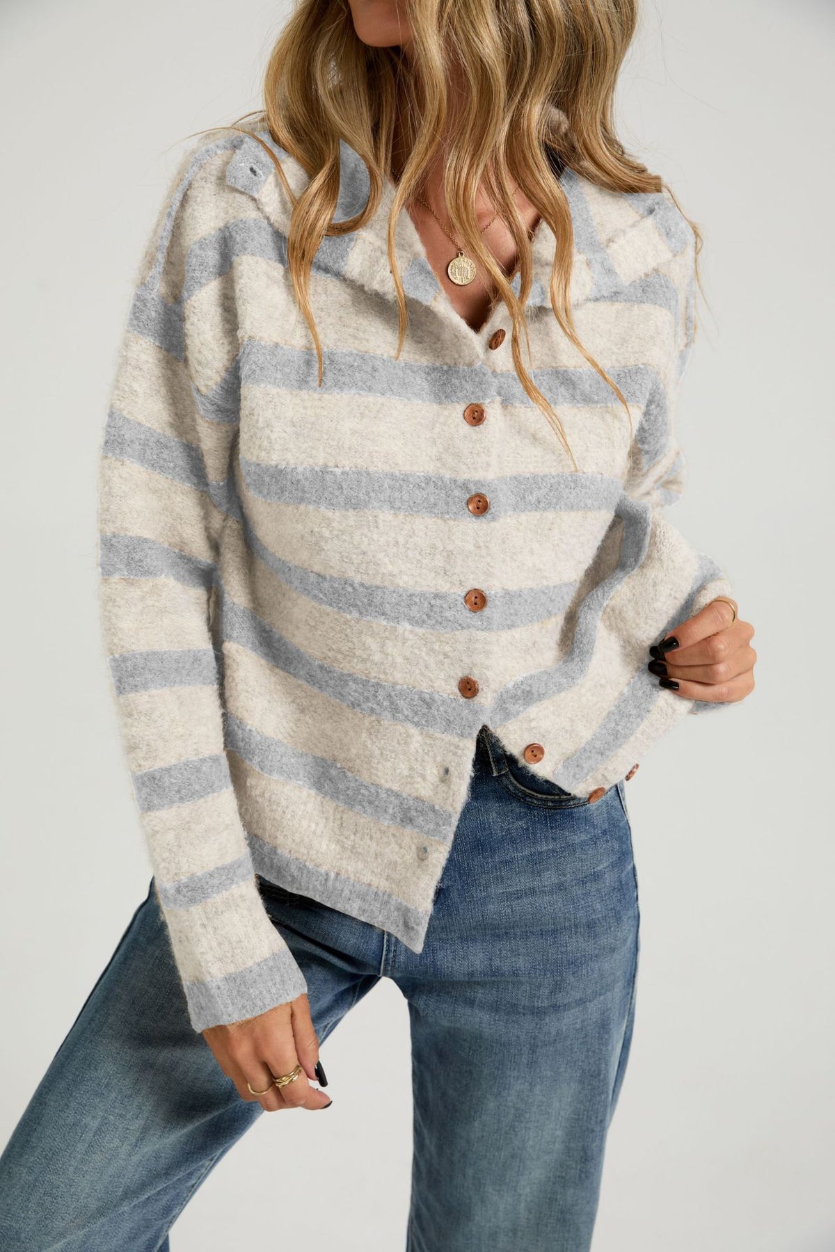 Oversized Striped Chunky Cardigan Button Front Sweater