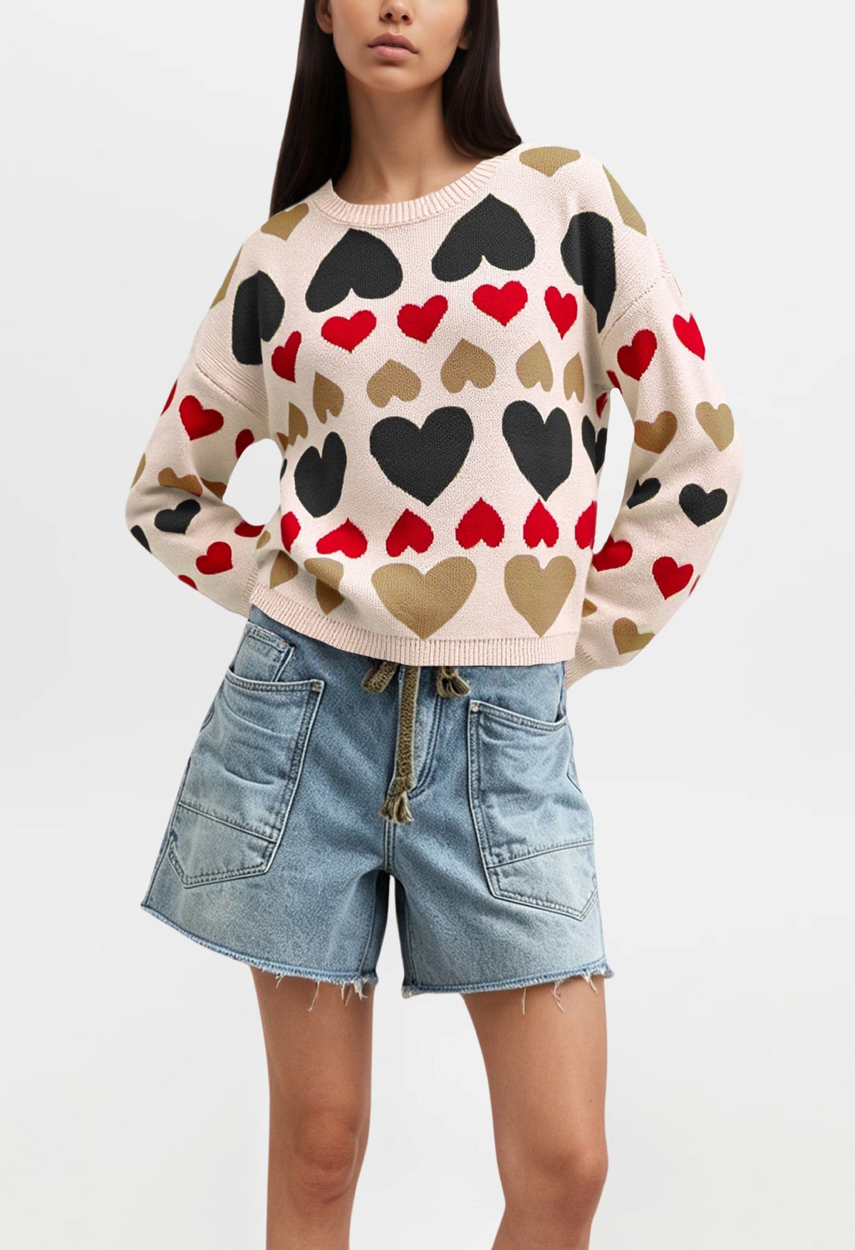 Women's Oversized Colorblock Heart Knit Sweater