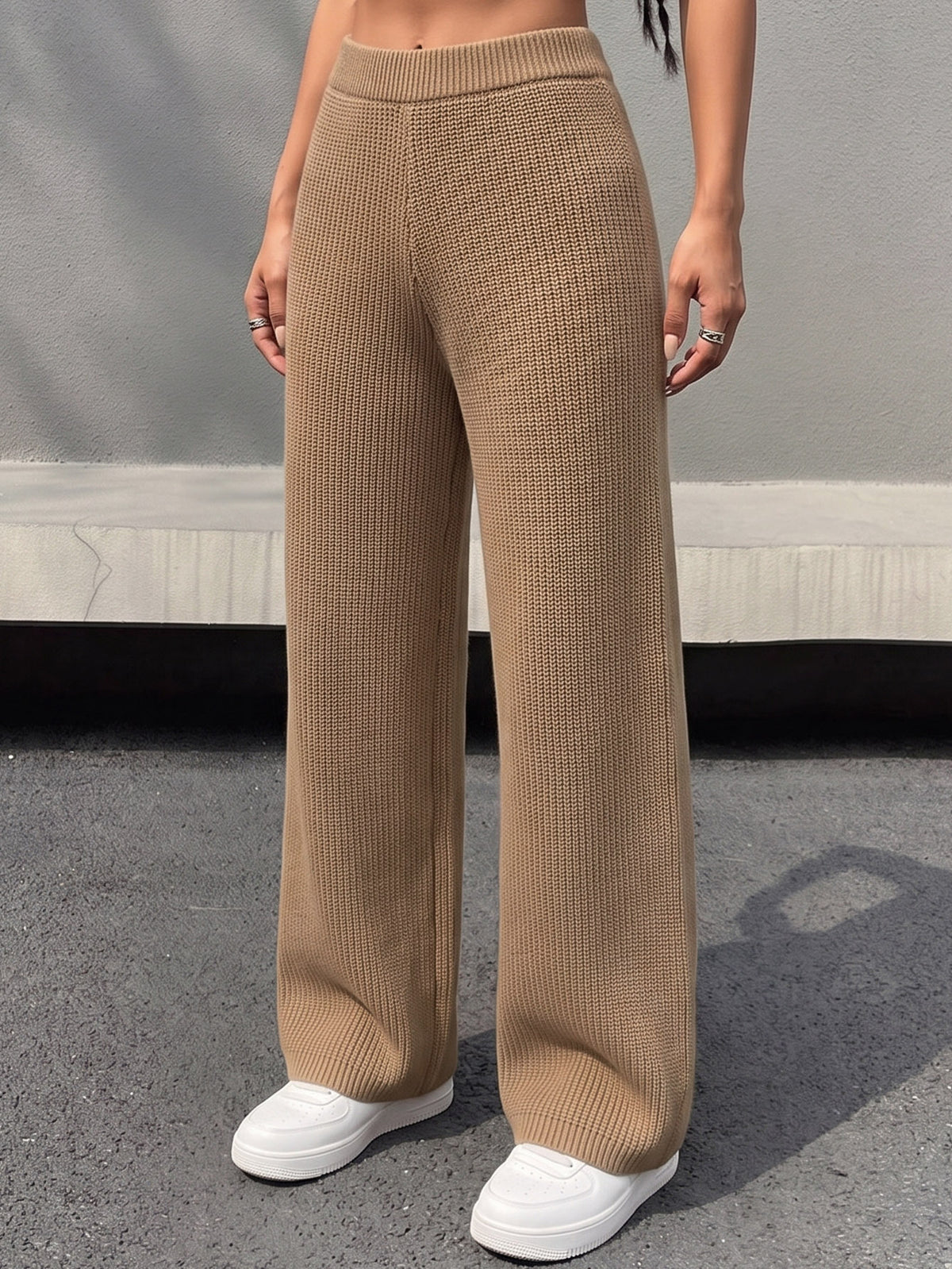 Women's High Waist Ribbed Knit Wide Leg Pants