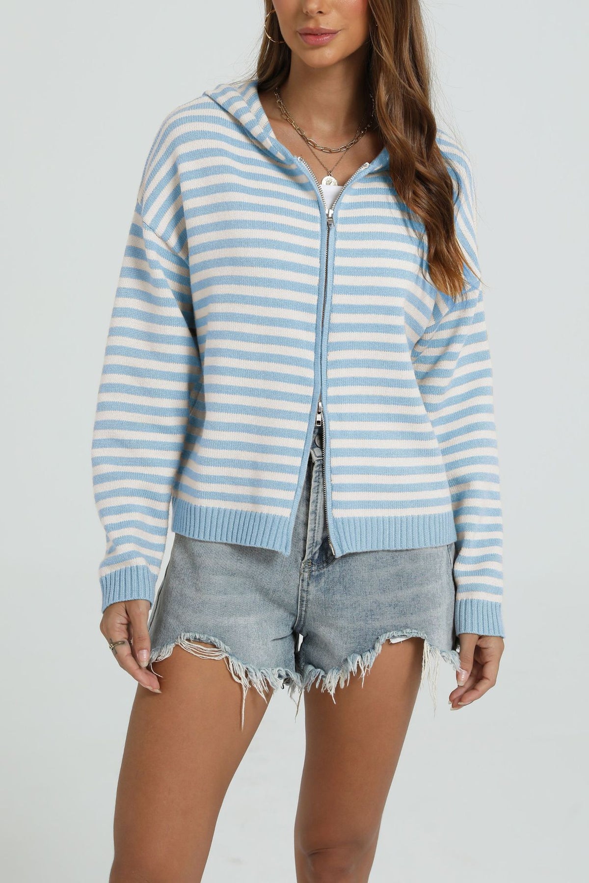 Women's Striped Hooded Zip-Up Cardigan Sweater