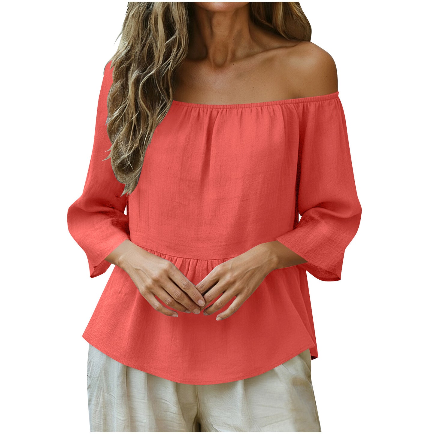 Solid Linen Blend Blouse Boho Peplum Long Sleeve Top