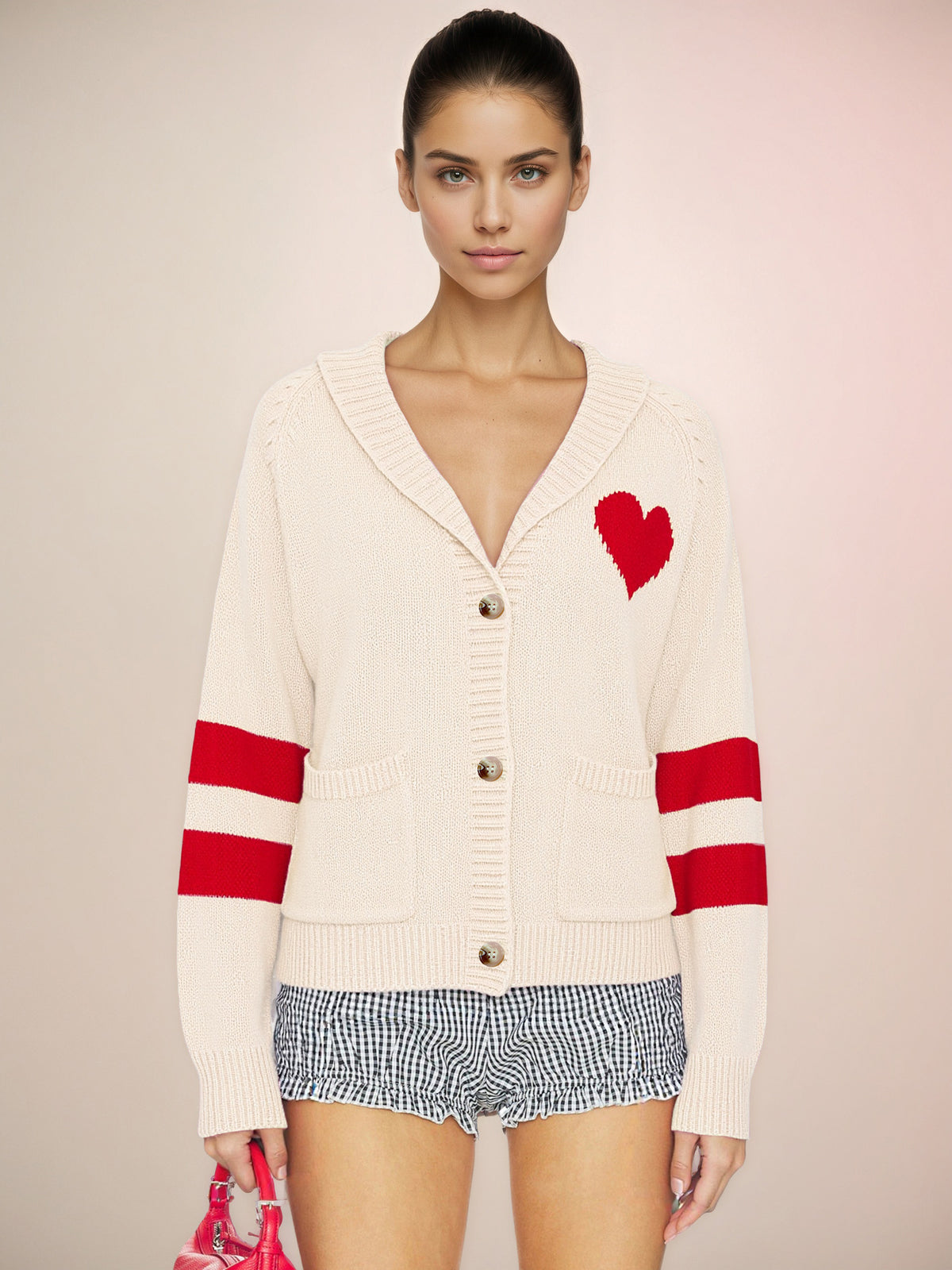 Women's Heart Striped Sleeve Knit Cardigan Sweater