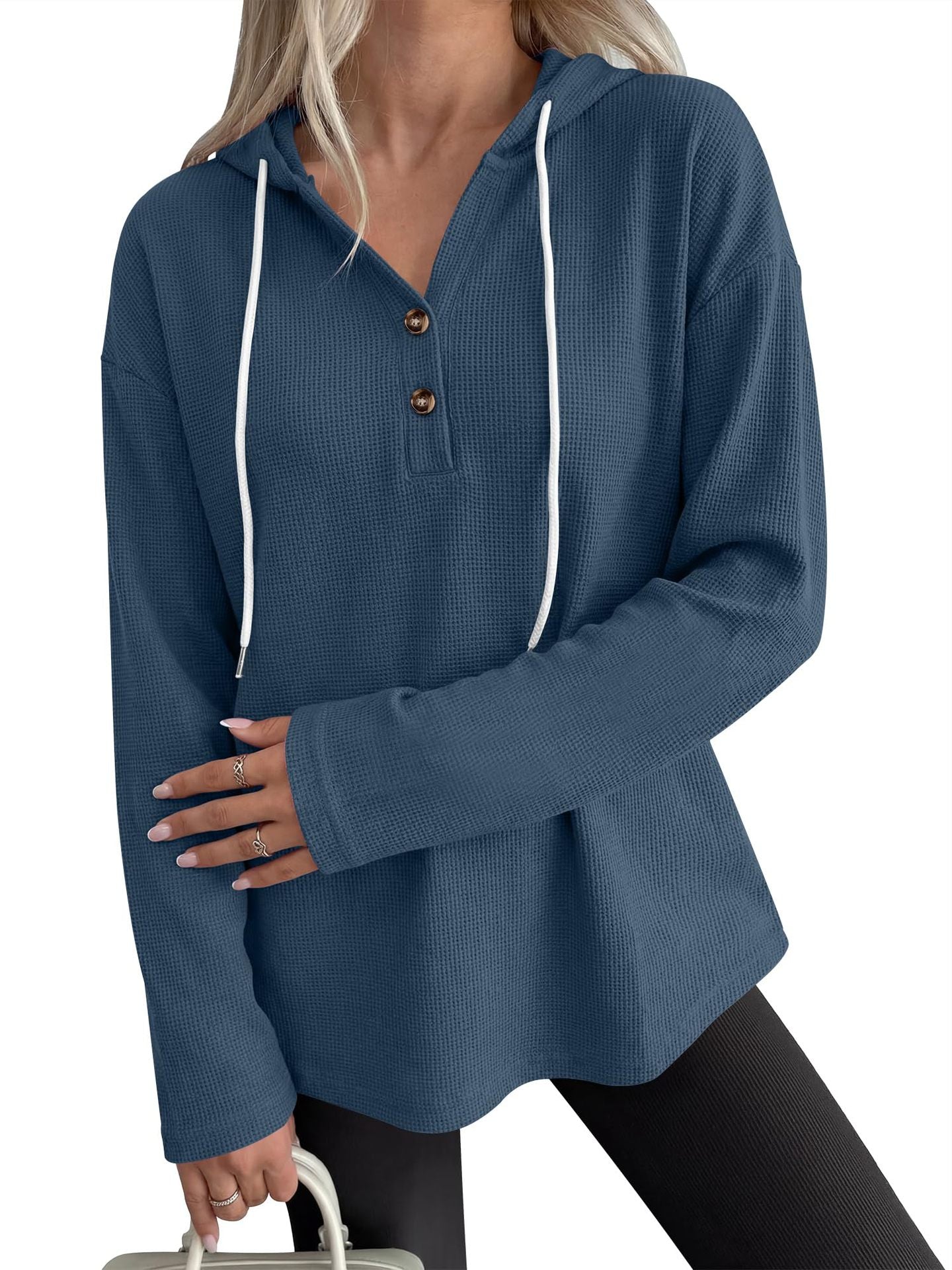 Solid Waffle Hoodie Pullover Casual Button Long Sleeve