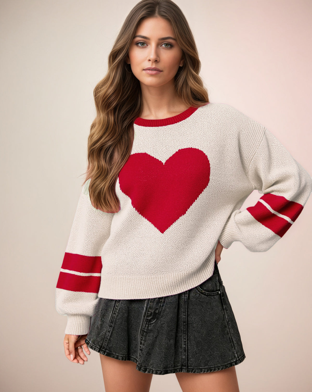 Oversized Heart Crewneck Sweater Women Striped Sleeve Knit