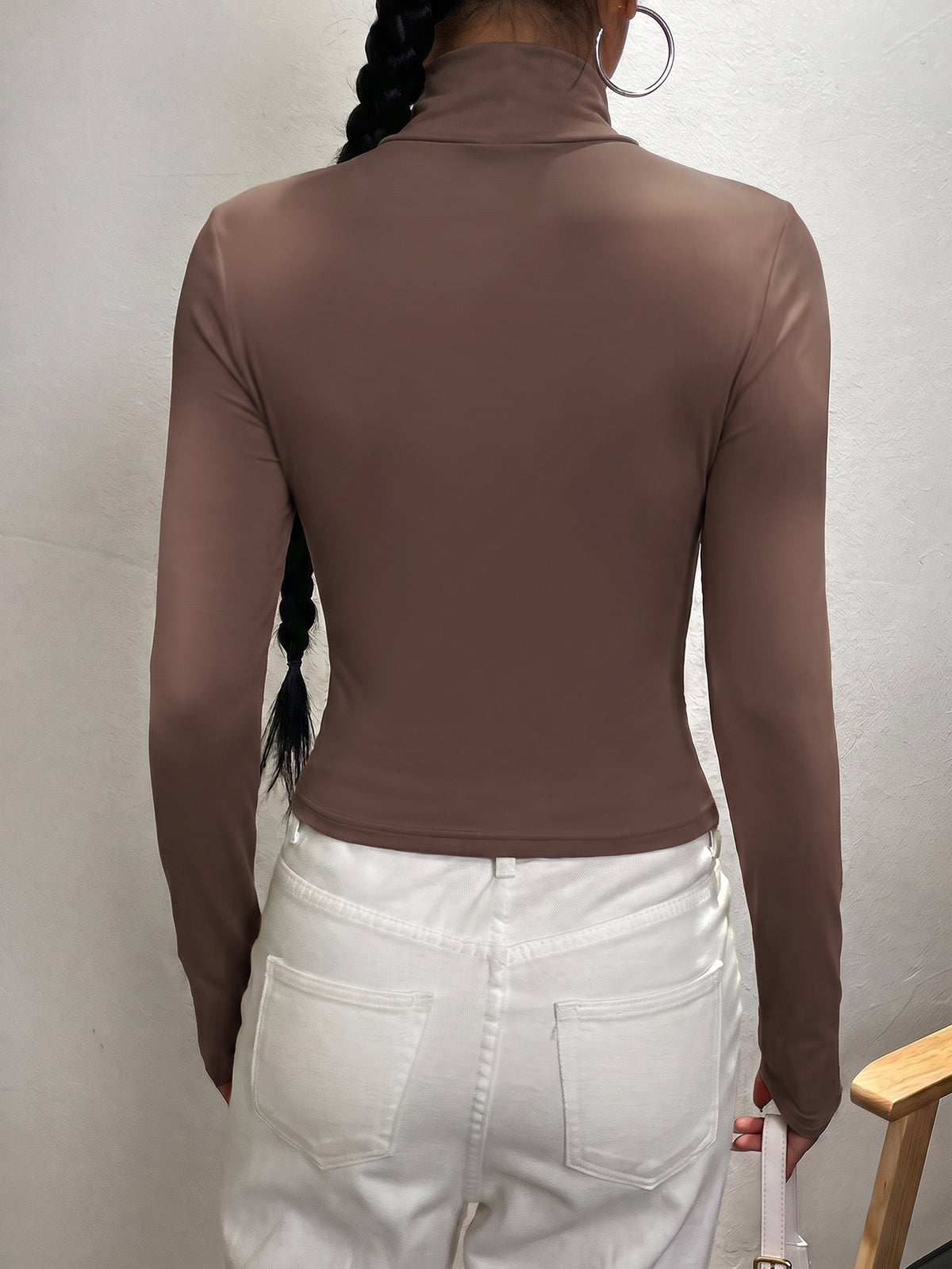 Brown Mock Neck Long Sleeve Fitted Crop Top