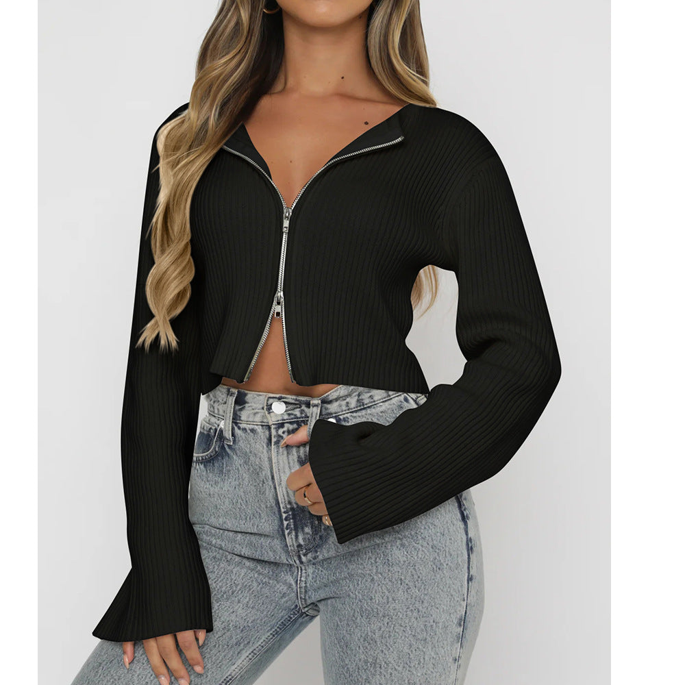 Trendy Zip-Up Cropped Knit Sweater for Women
