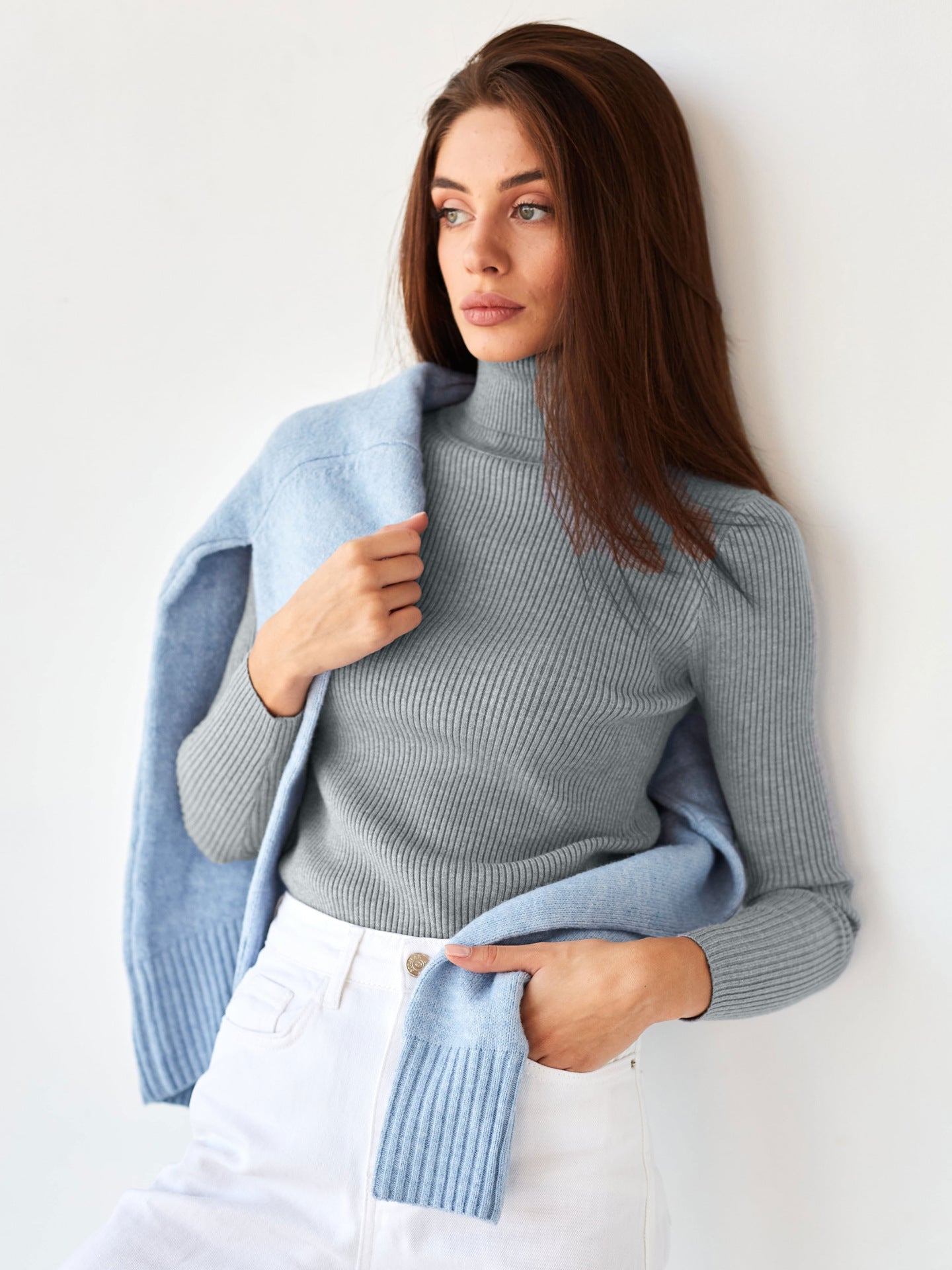 Ribbed Turtleneck Sweater Slim Fit Layering Pullover