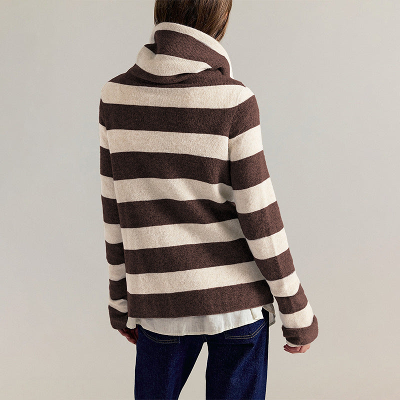 Women's Fringe Striped Mock Neck Knit Cardigan