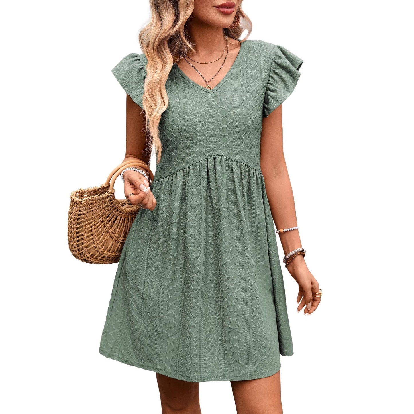 Textured V Neck Flutter Sleeve Pocket Mini Dress