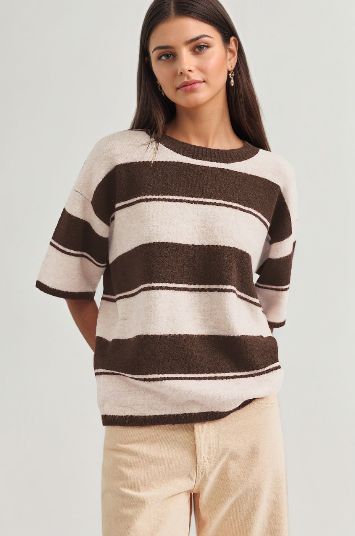 Women's Oversized Striped Crewneck Knit Half Sleeve Sweater