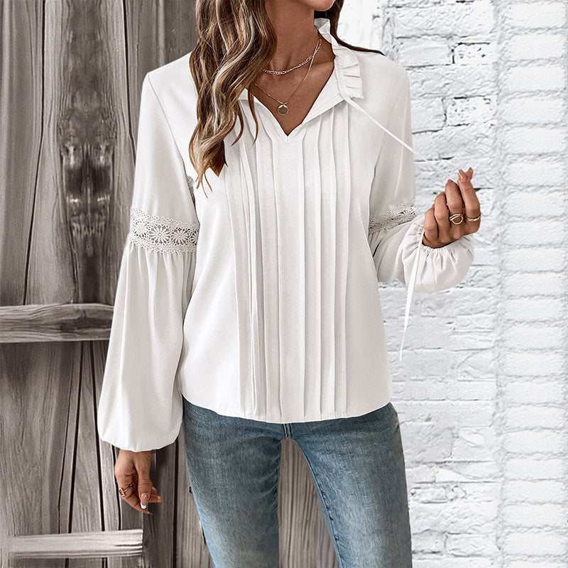 Elegant White Lace V-Neck Pleated Blouse for Spring & Fall