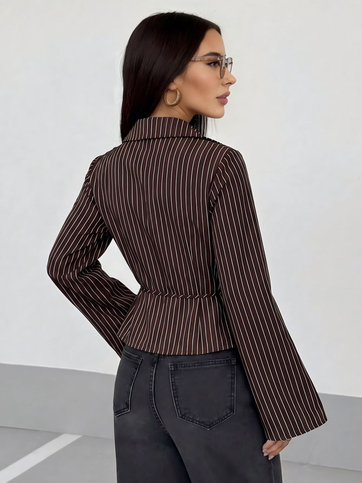 Striped Bell Sleeve Wrap Blouse Tie Waist Top