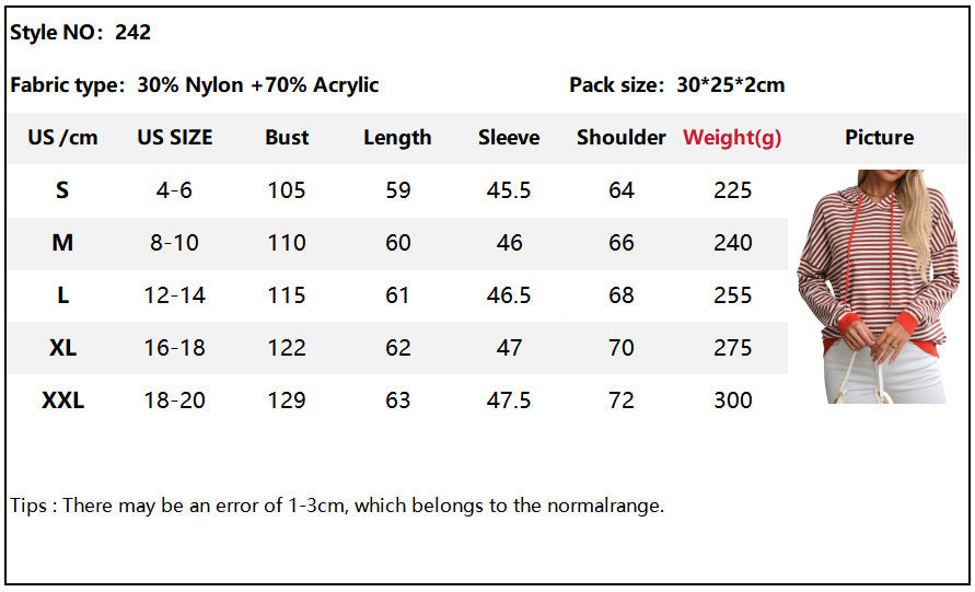 Women's Striped Contrast Long Sleeve Casual Sweater Hoodie