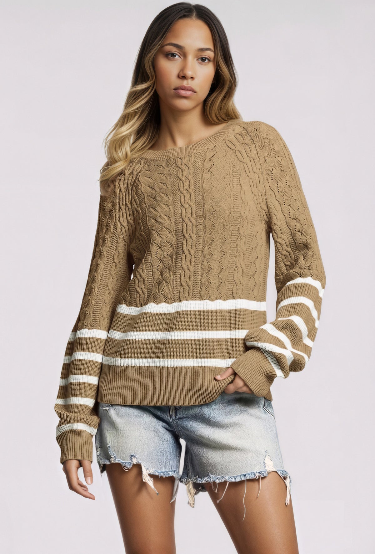 Women's Oversized Cable Knit Striped Color Block Sweater