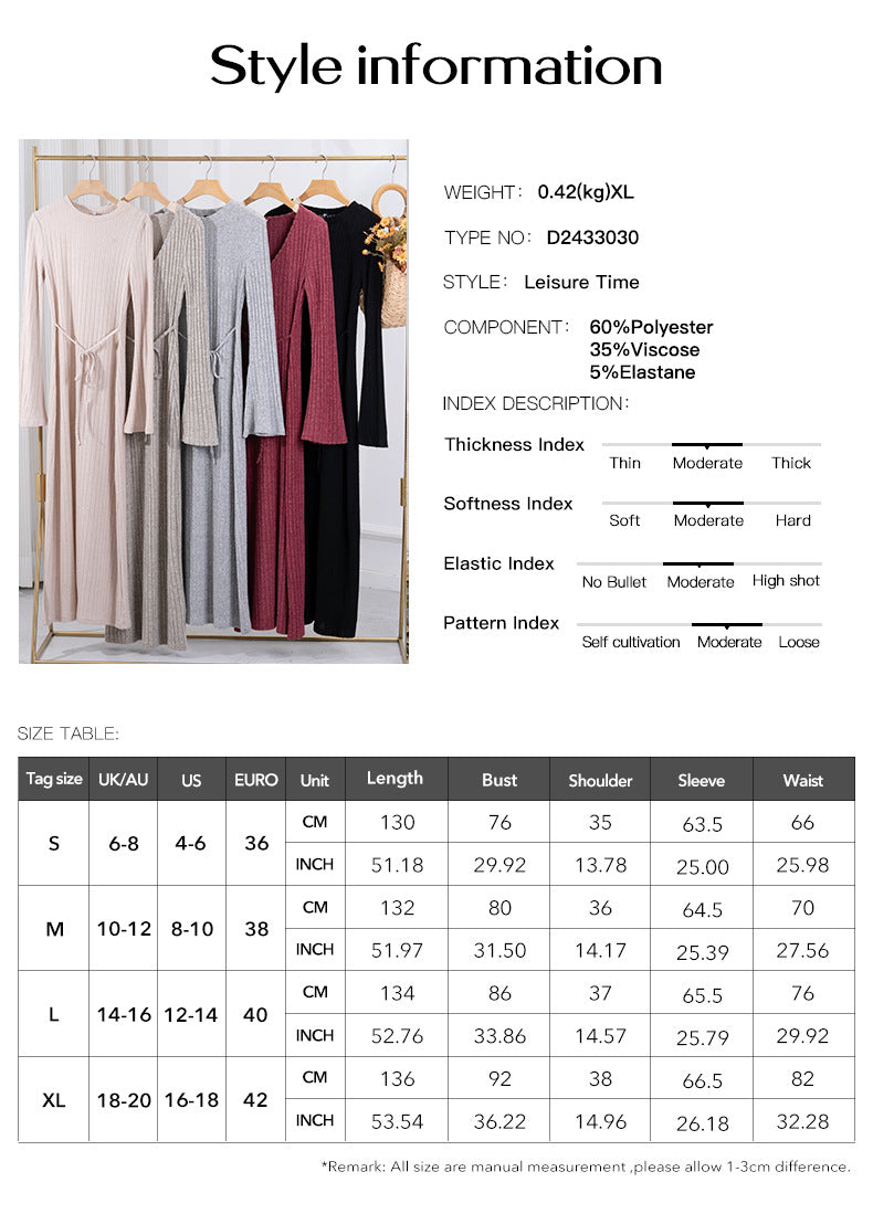 Slim Flared Sleeve Solid Color Knitted Dress Women's Clothing