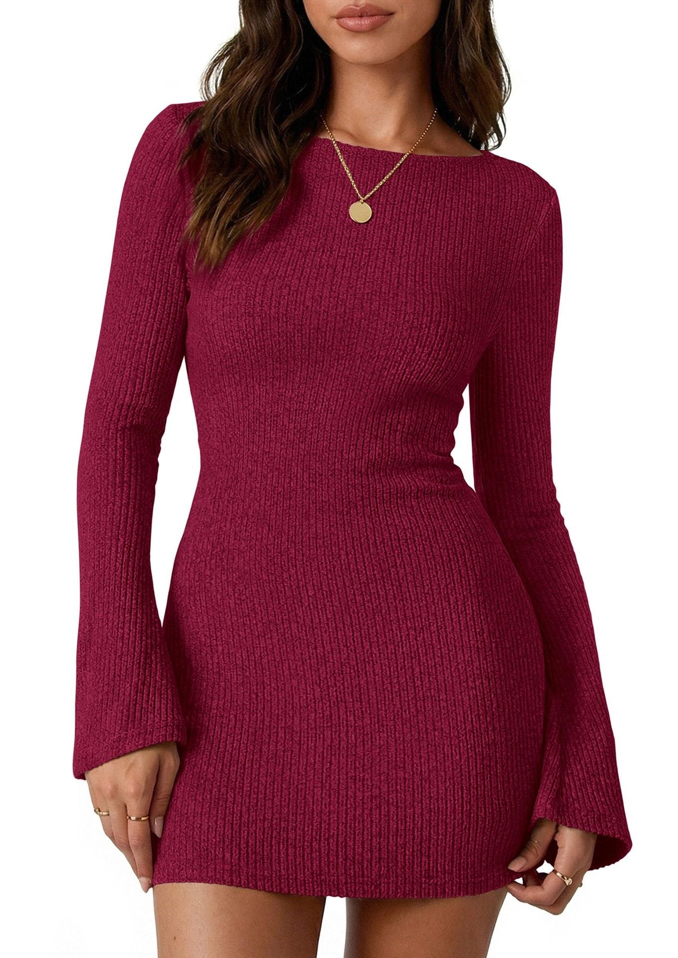 Ribbed Knit Mini Dress Long Sleeve Slim Fit Casual Style