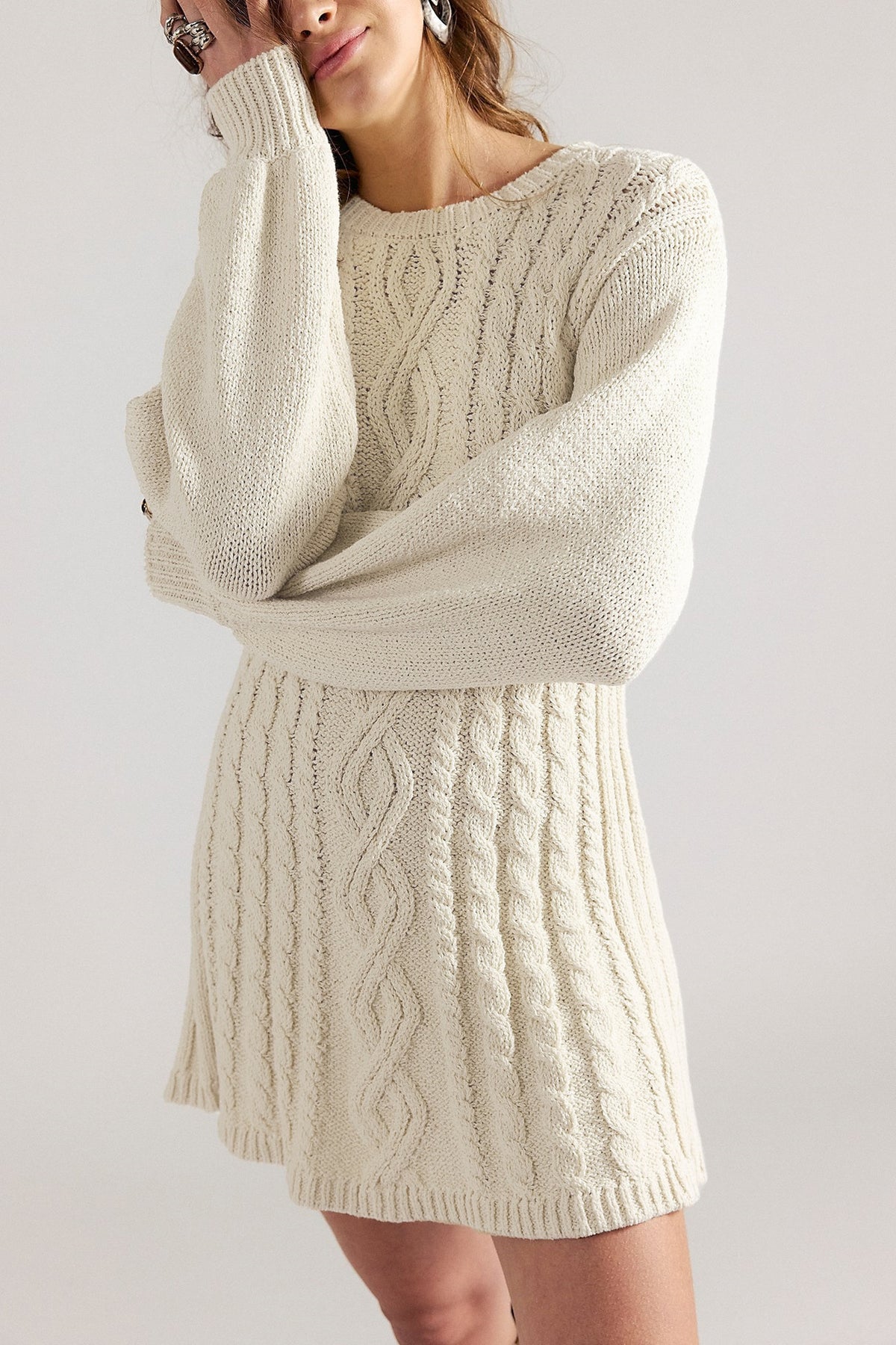 Cable Knit Crew Neck Long Sleeve Sweater Dress