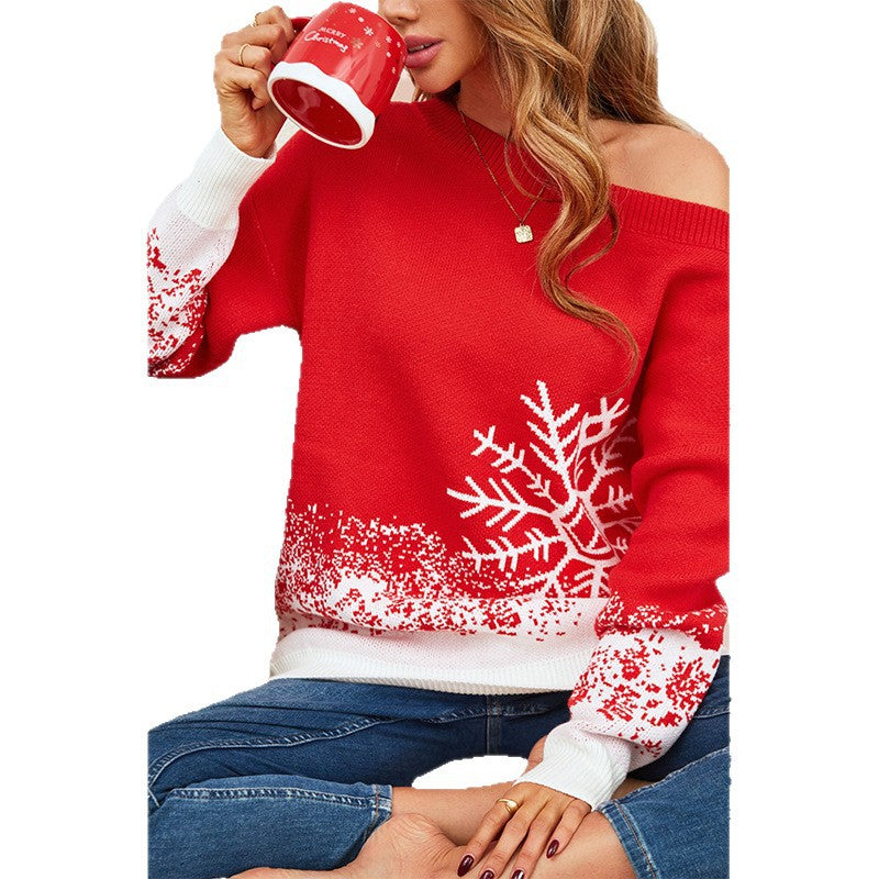 Womens Oversized Off Shoulder Snowflake Christmas Sweater